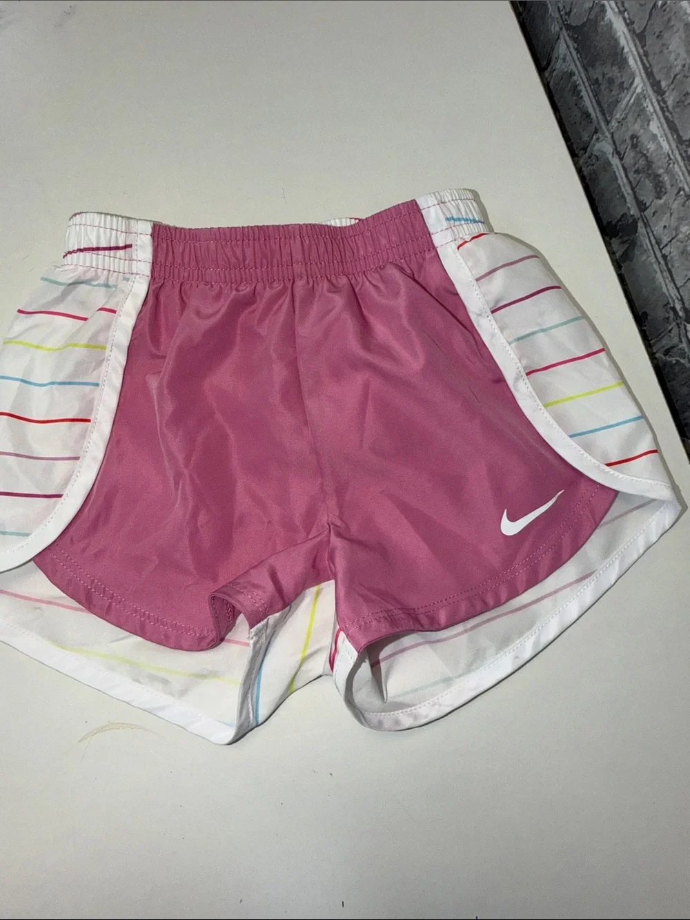 Nike Girls Pink & White Striped Shorts with Rainbow Lines